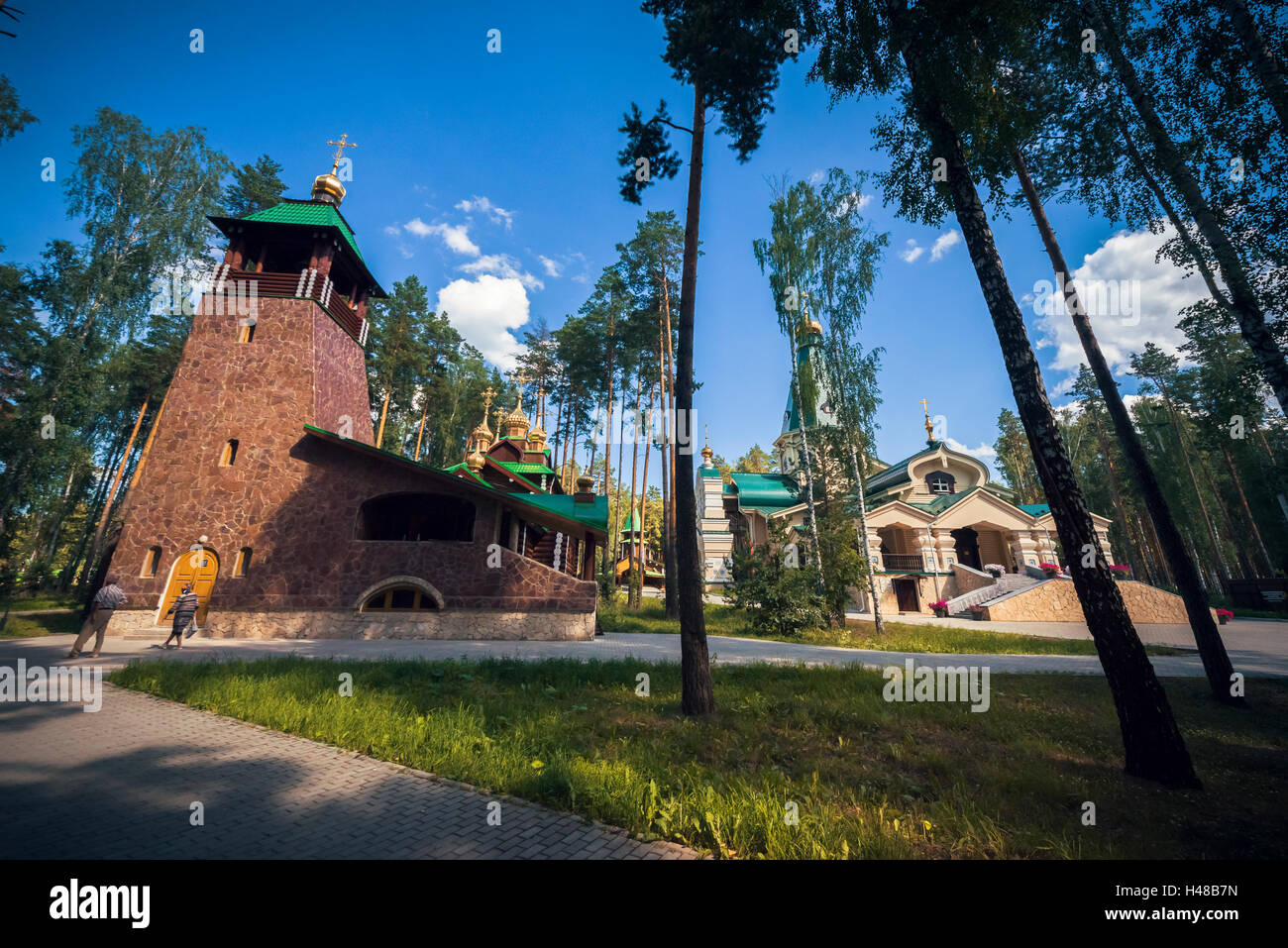 Temple of St. Seraphim of Sarov (left) and  Temple in honor of Our Lady Derzhavnaya (right)  in Ganina Yama Monastery Stock Photo