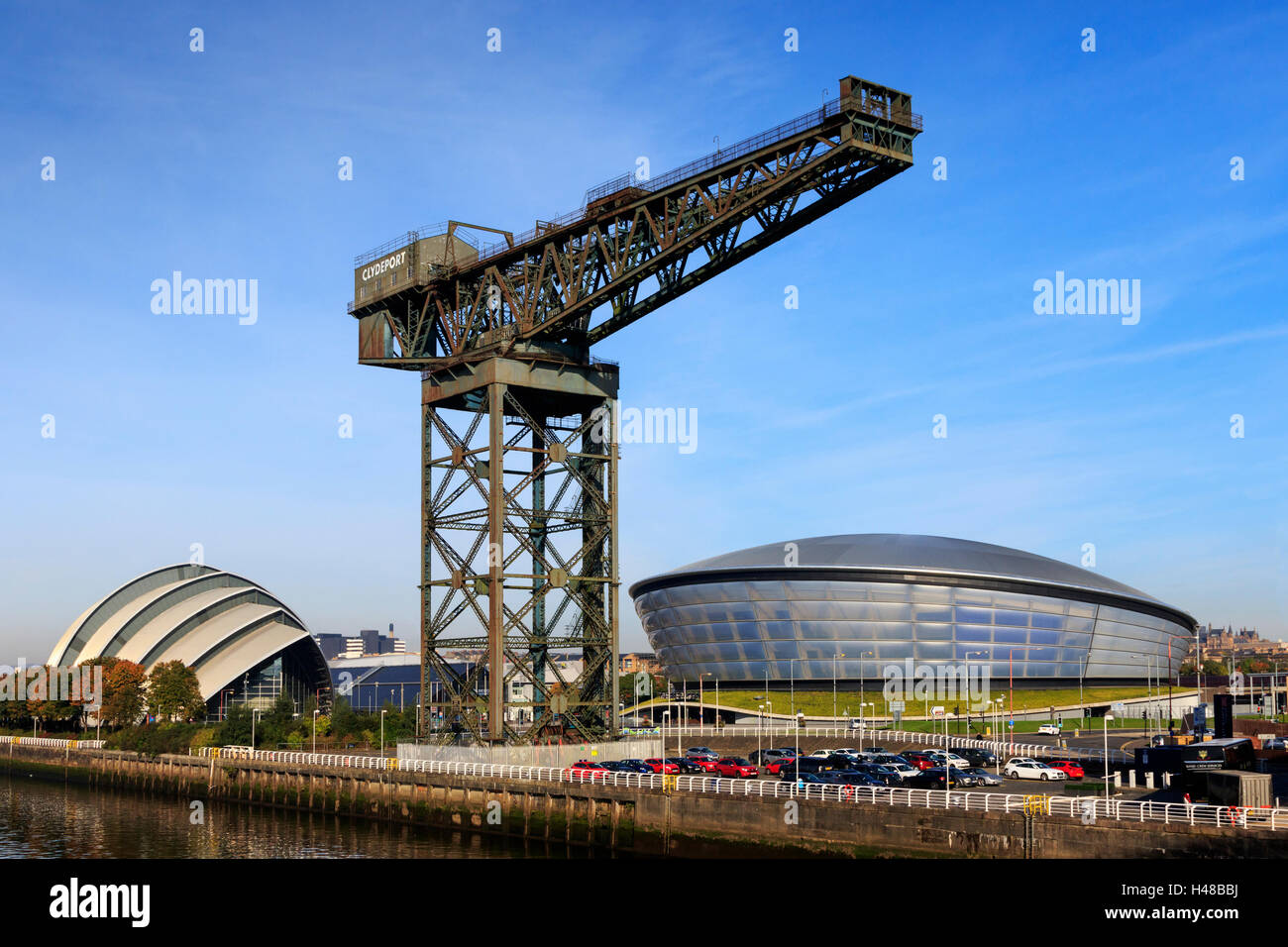 Anderston Crane with the Hydro concert hall and the Scottish Exhibition and Conference Centre, also known as the Armadillo Stock Photo