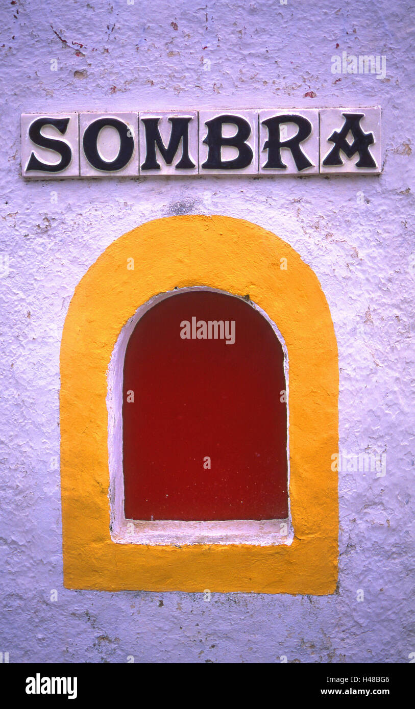 Spain, ex-diaeresis dura, Fuentes de Leon, bullfight arena, window, stroke, Sombra, [M], destination, bullfight, arena, building, facade, round arch, yellow, red, switch, ticket sale, defensive wall, outside, sales, shadow ticket, shadow space, Stock Photo