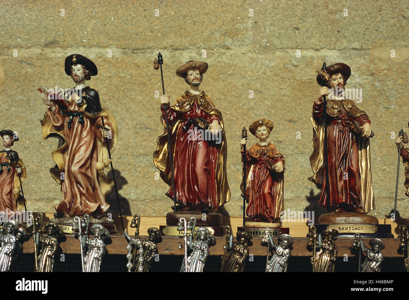 Spain, Galicia, Santiago de Compostela, souvenir sales, figures of a saint, place pilgrimage, sales, souvenirs, figures, wooden figures, statues, bells, handicraft, art, icon, to pilgrims, Pilgerschaft, Jakob's way, pilgrimage, pilgrim's way, product photography, economy, retail trade, Stock Photo