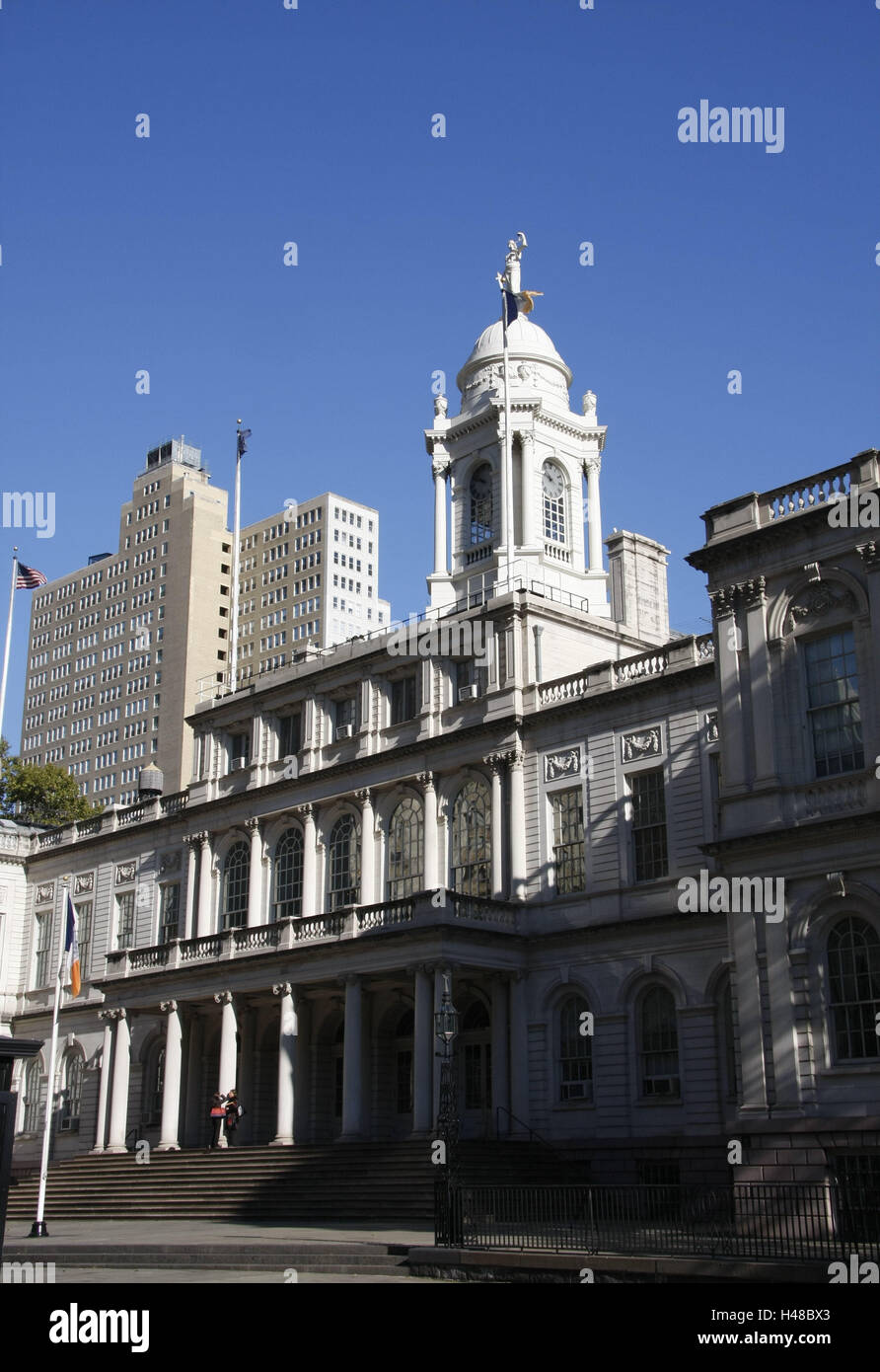 The USA, New York city, city hall, North America, town, high rises, houses, office buildings, administration buildings, buildings, historically, outside, tower, pillars, stairs, input, Stock Photo