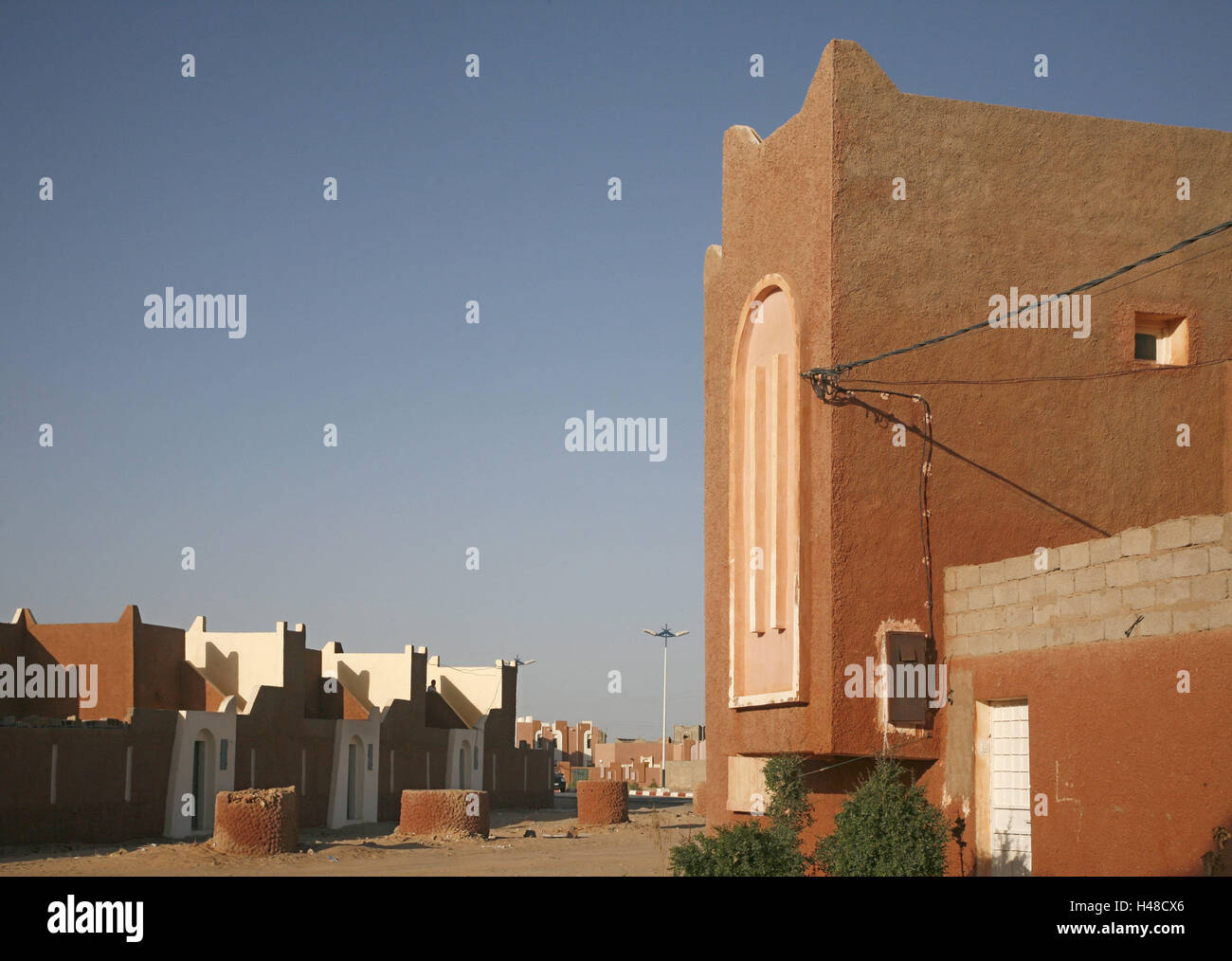 Algeria, Adrar, residential district, houses, detail, Africa, North, Africa, Sahara, oasis, town, red town, building, residential houses, architecture, heaven, cloudless, exit, deserted, Stock Photo