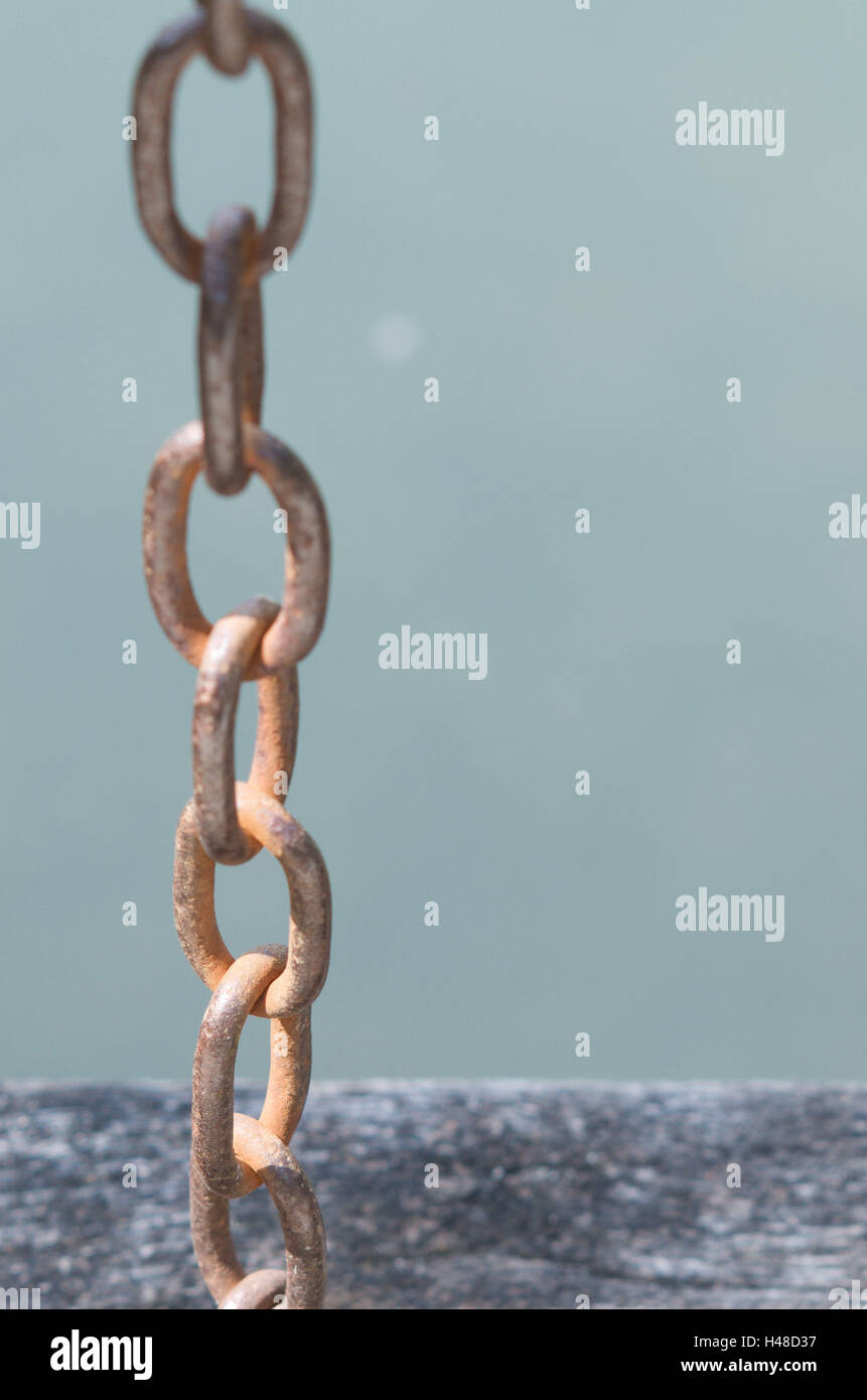 Chain, old, rusty, hanging, wood, water, detail, Stock Photo