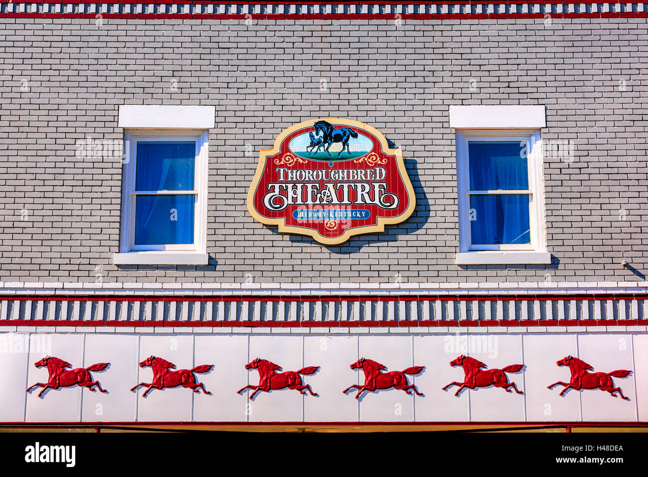 The front facade of the Thoroughbred Theater in downtown Midway, part