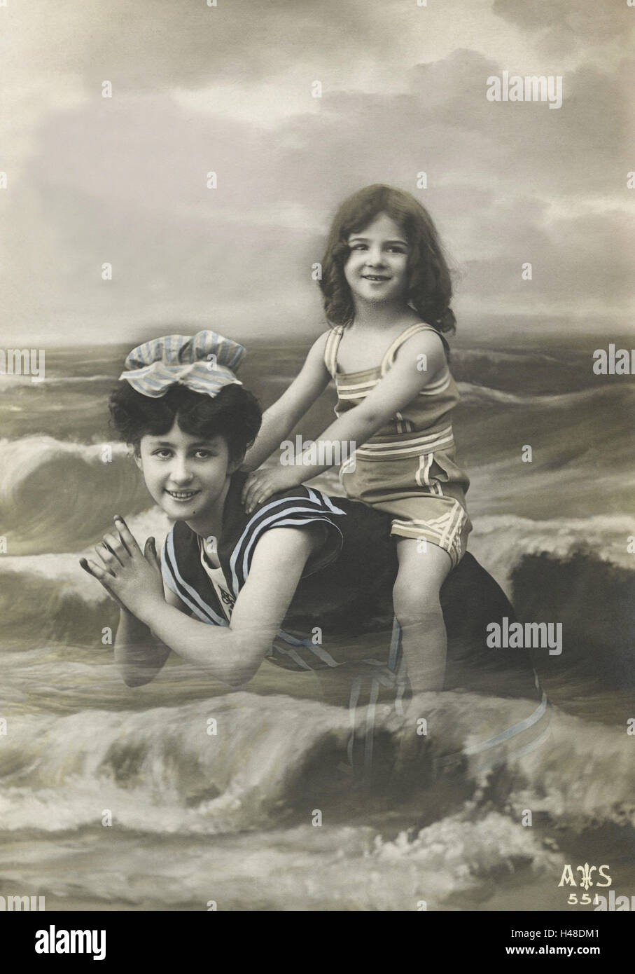 Nostalgia, woman, child, sea, waves, swimming, b/w colored, postcard, nostalgic, Stock Photo