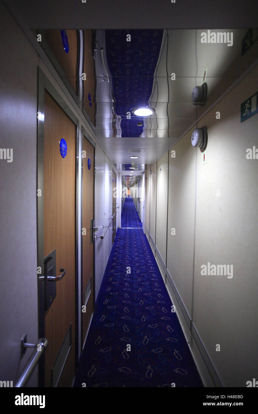 Ship, walk, cabin doors, reflector caps, ferry, interior range, Italy, hall, hall, doors, cabins, carpet, deserted, closely, narrowly, escape route, travel, cruise, Stock Photo