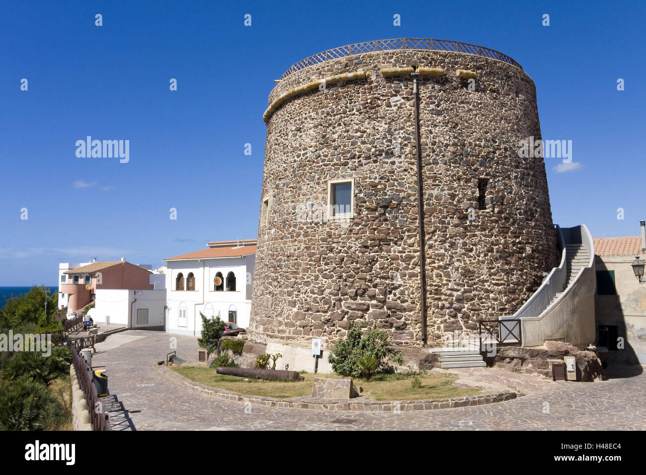 Italy, Sardinia, Isola Tu Sant' Antioco, watch-tower, heaven, blue, island, north coast, Calasetta, military tower, tower, building, architecture, around, defended in numbers, stones, place of interest, tourism, nobody, sunshine, Stock Photo