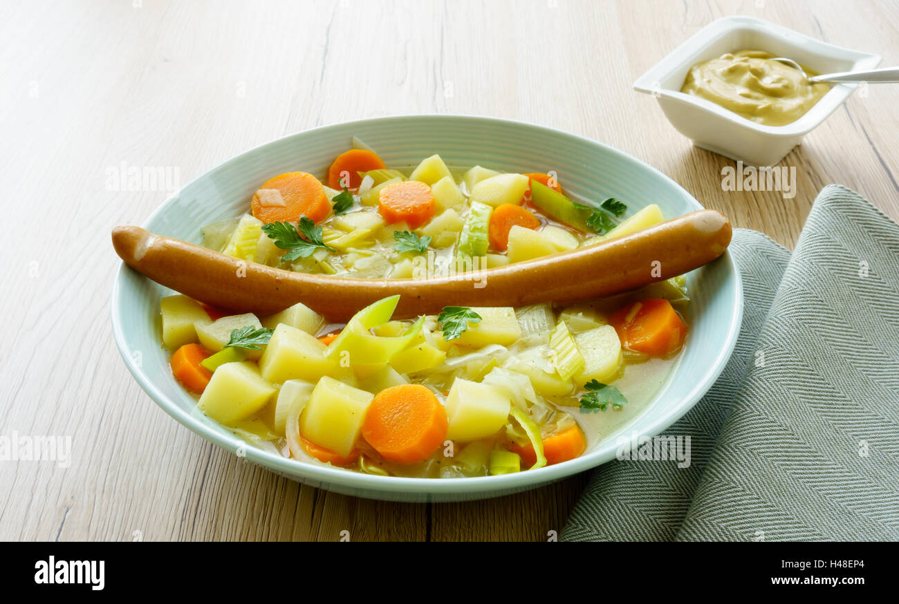 Vegetable Stew, Frankfurter Sausage and Mustard Stock Photo