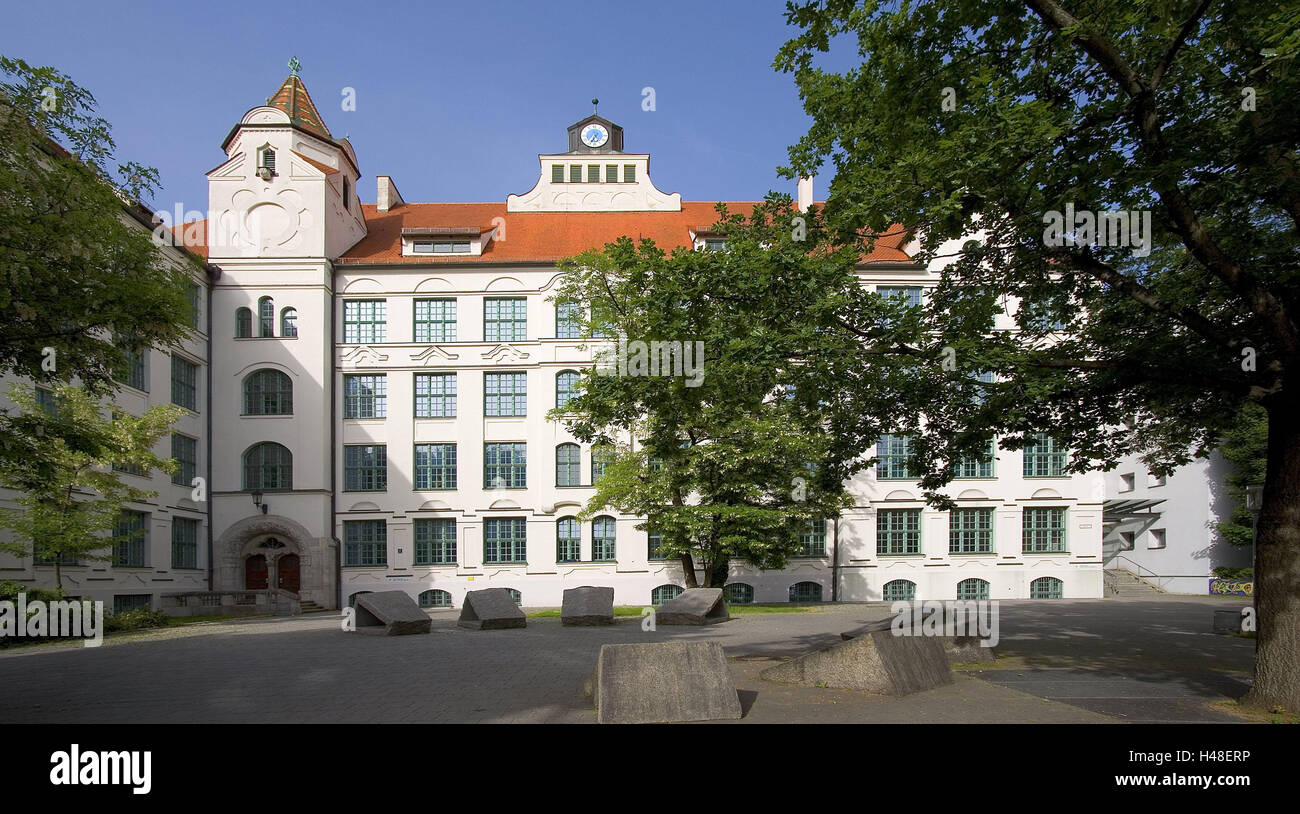 Germany, Bavaria, Munich, Fridtjof Nansen secondary school, town, school, building, architecture, school, urban, outside, facade, trees, forecourt, learning, education, secondary school, Fridtjof-Nansen, Stock Photo