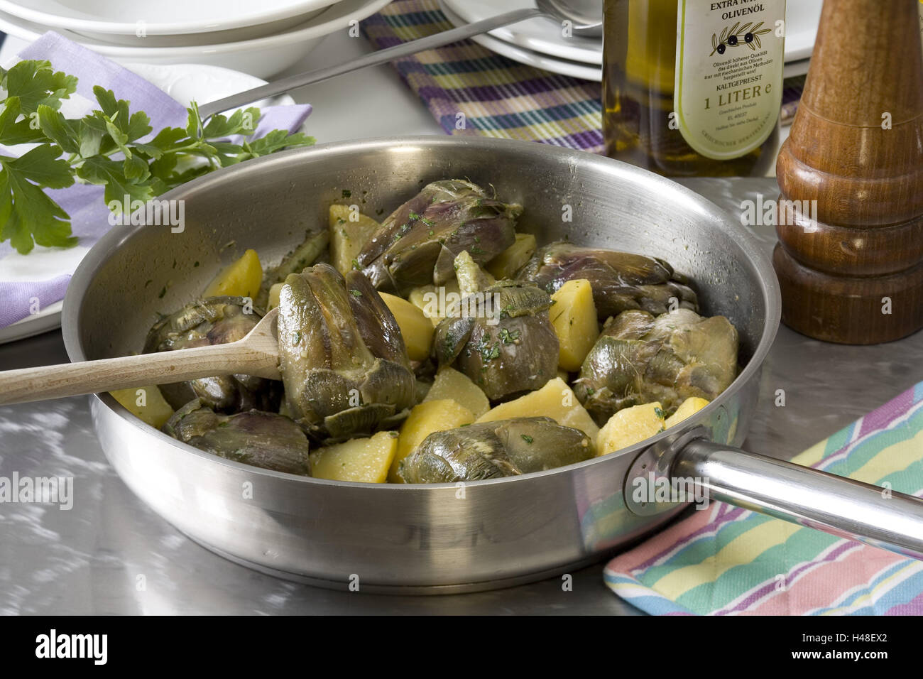 Cooking, pan, Food, artichokes, pan, potatoes, Stilllife, Food, cuisine, preparation, pan, roast, vegetables, pot holder, table set, plate, parsley, ingredients, spices, nutrition, healthy, food, culinary towel, Stock Photo