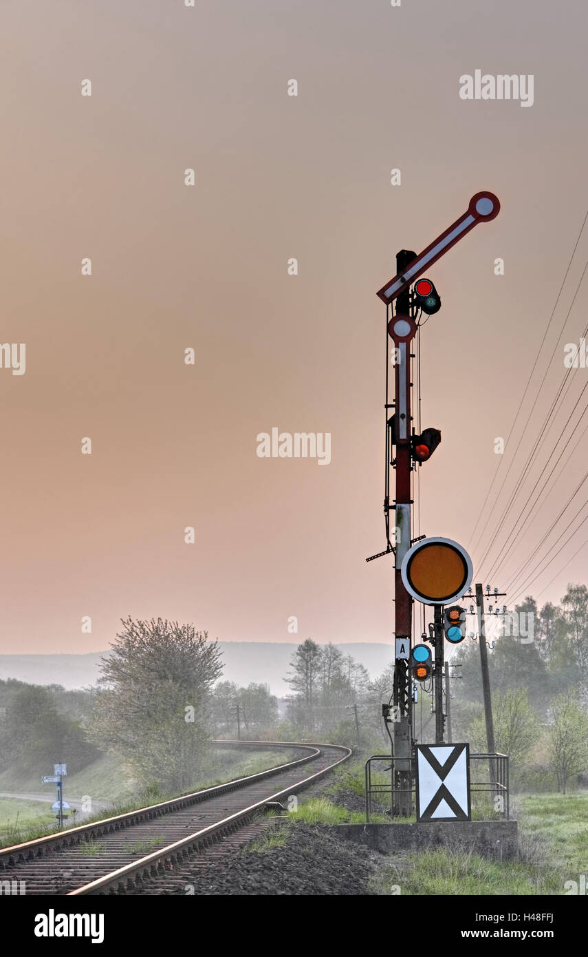 Railway track, signals, evening mood, Stock Photo