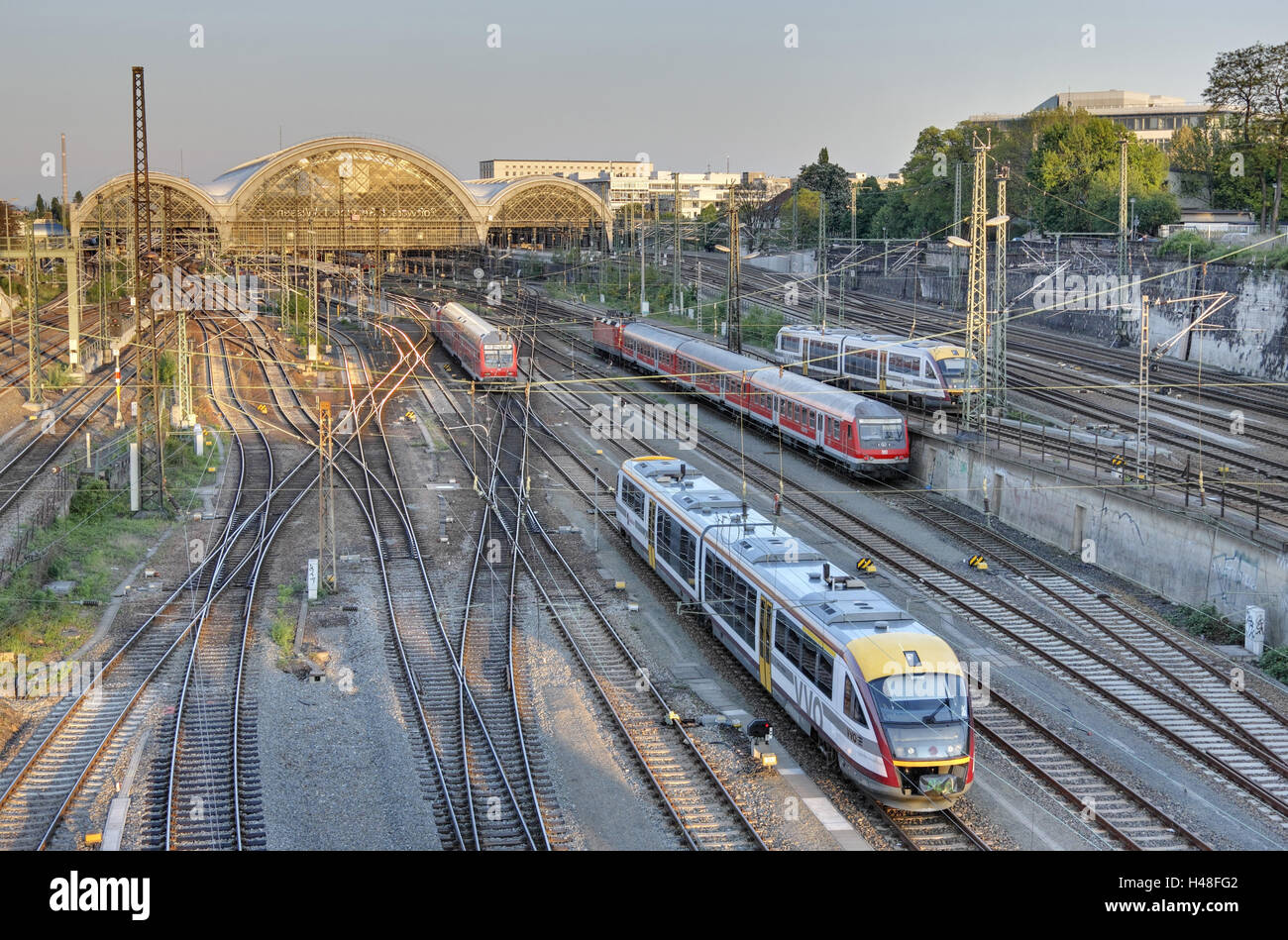 Germany, Saxony, Dresden, central station, trains, tracks, Stock Photo