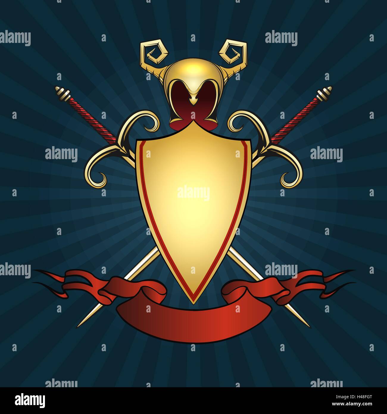 Helmet with Horns with Golden shield, two swords and red banner for text. Coat of arms drawn in classic style. Stock Vector