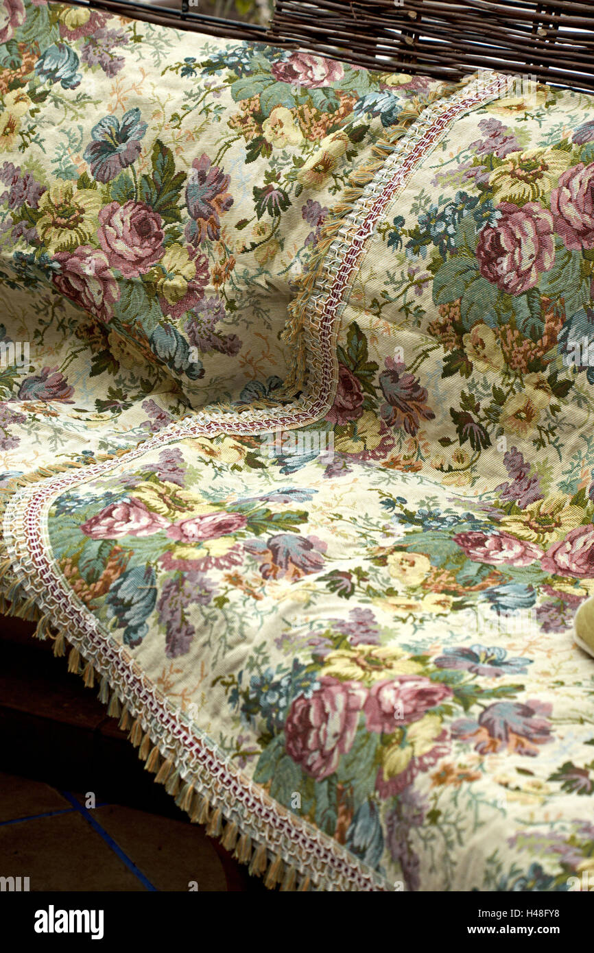Sofa, ceiling, retro, roses, couch, relaxation, old-fashioned, furniture, cushion, sitting, seating furniture, bench, flower cloth, Stock Photo