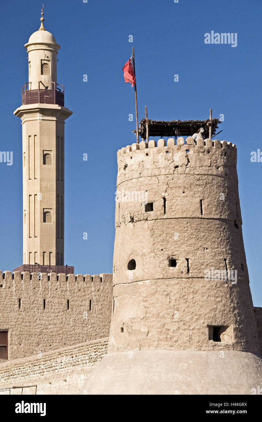 VAE, Dubai, watch-tower, mosque, museum, national museum, religion, Islam, flag, straw roof, grace notes, poorer, minaret, tower, Stock Photo