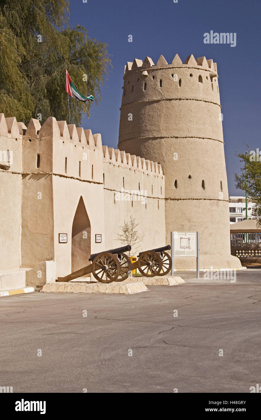 VAE, national museum, museum, outside view, fortification, military towers, cannons, fortress defensive wall, national flag, Stock Photo