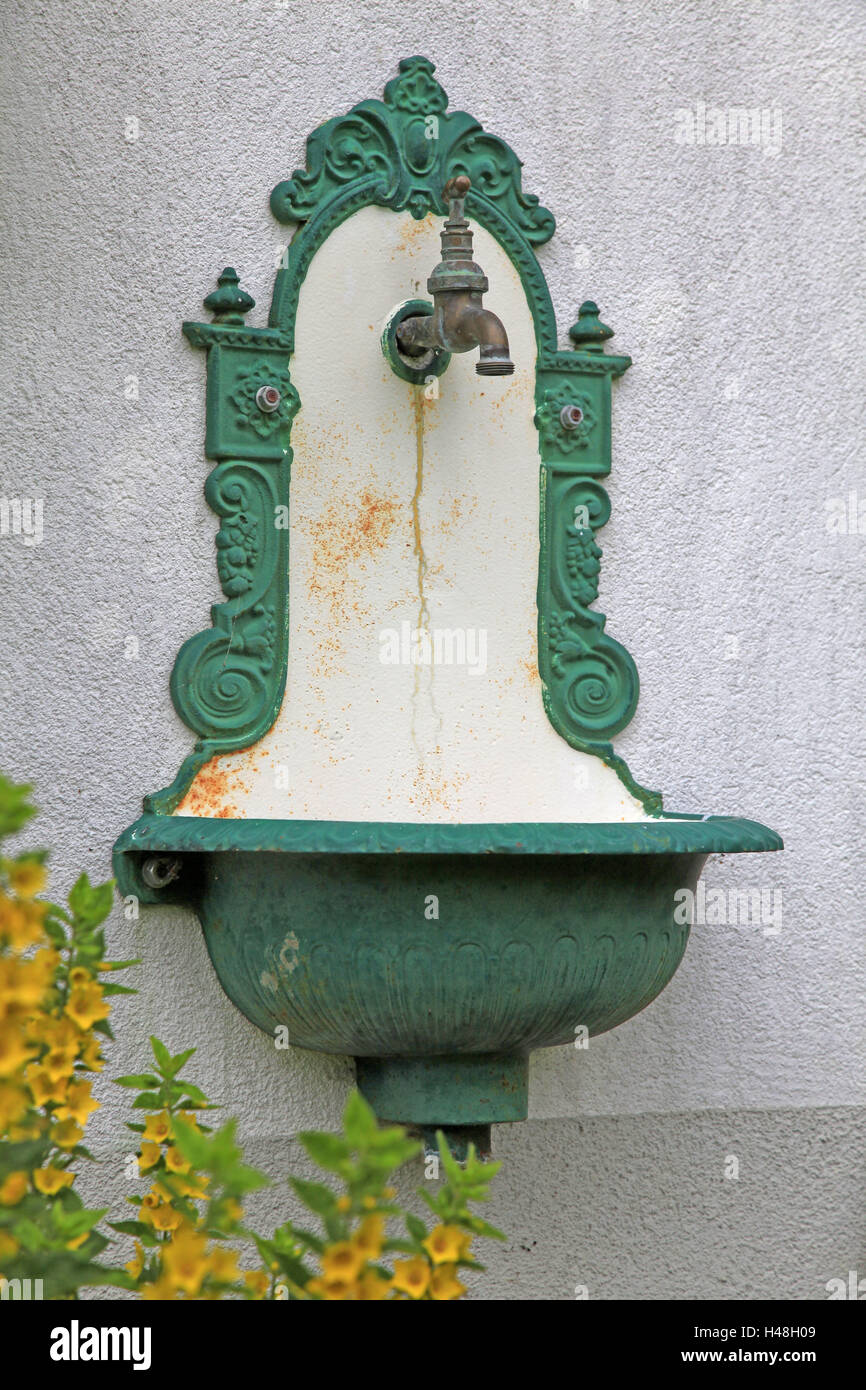 wash hand basin, tap, Austria, house, outside wall, Stock Photo