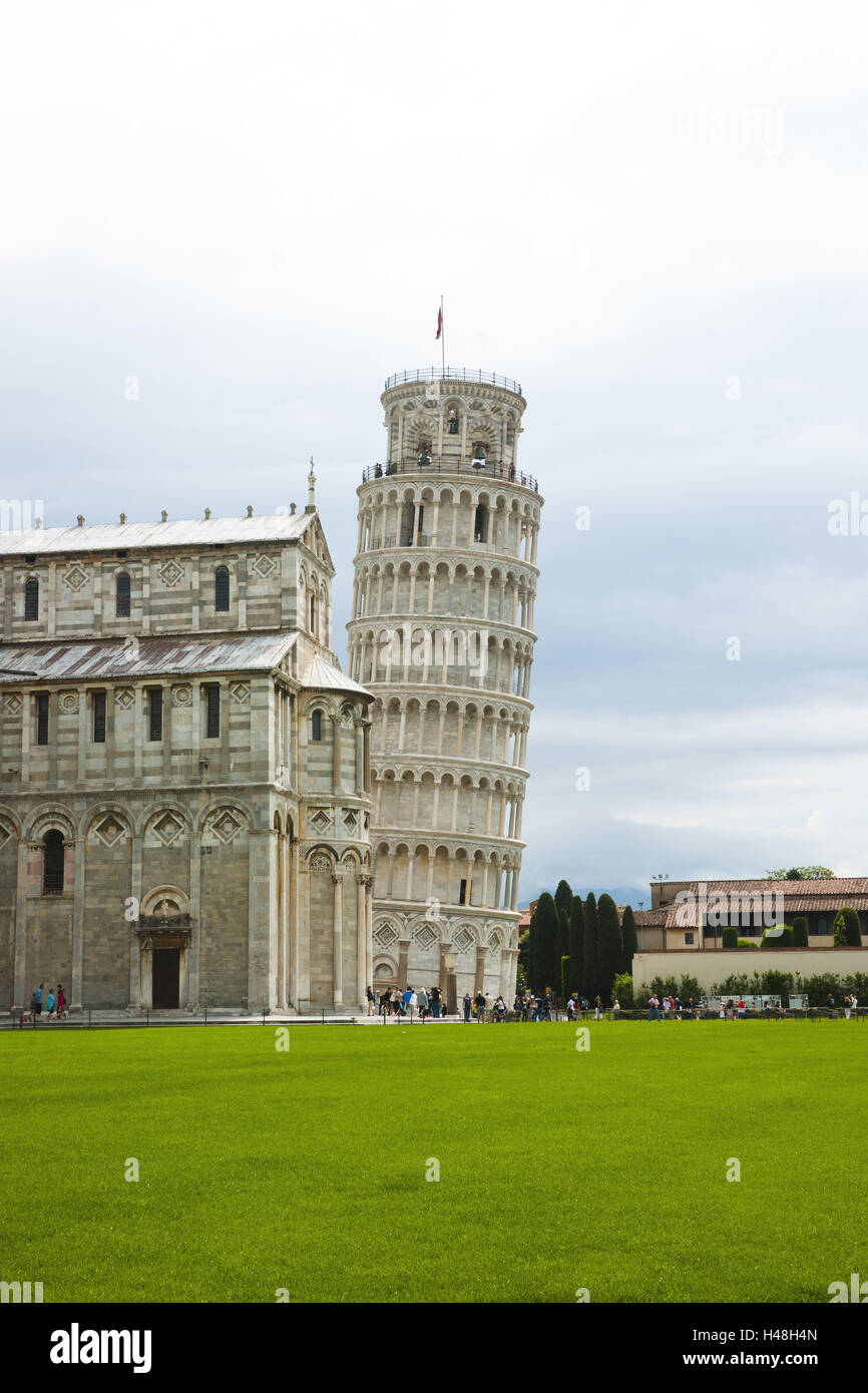 Italy, Tuscany, Pisa, tower, cathedral, meadow, tourist attraction, tourist, tourism, famously, side view, askew, pitch, cloudies, church, Campanile, place of interest, Stock Photo