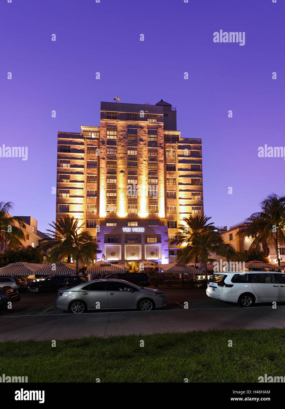 Hotel 'The Tides' at dusk, Ocean Drive, Miami South Beach, Art Deco District, Florida, USA, Stock Photo