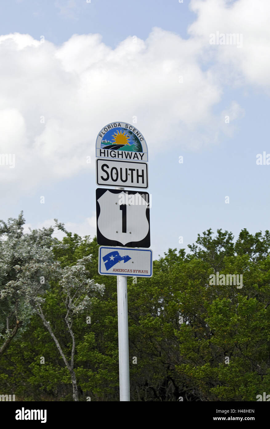 Florida Scenic highway sign-posting, South 1, Key Largo, Florida Keys, Florida, USA, Stock Photo