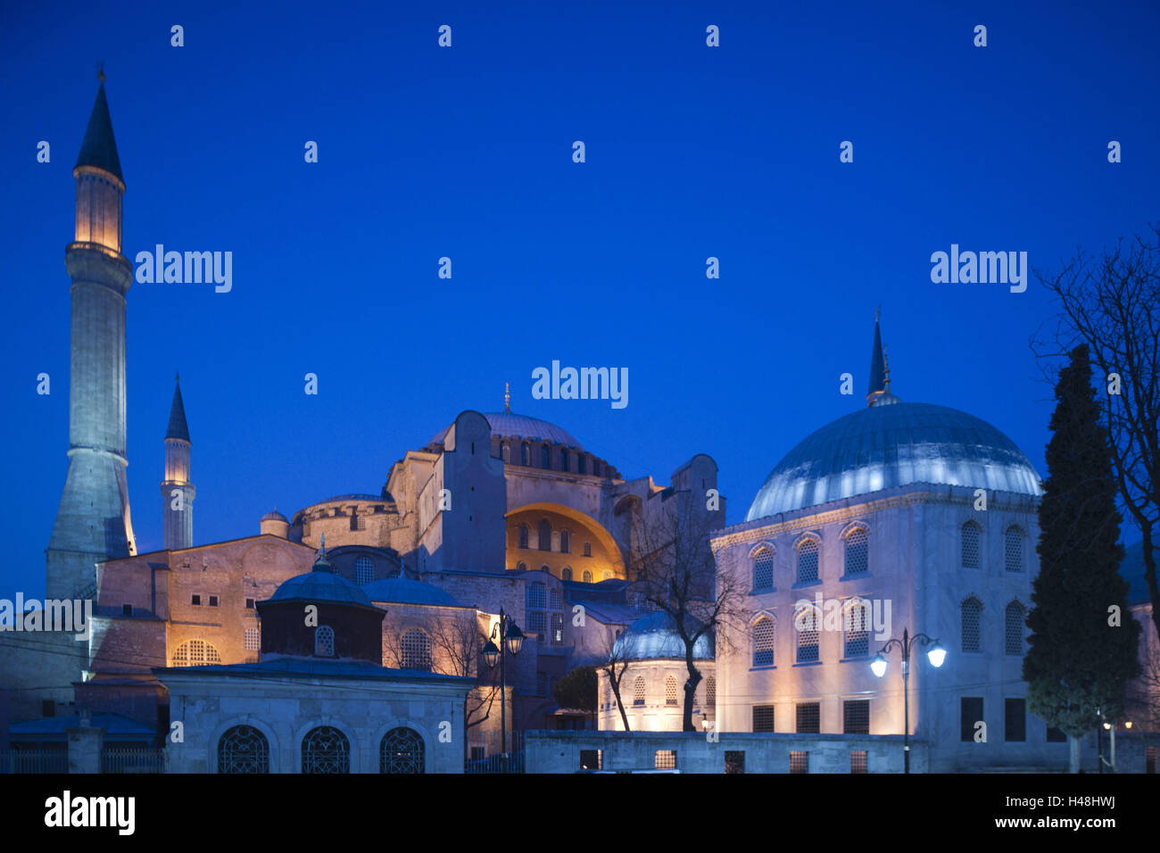 Turkey, Istanbul, Sultanahmet, the Hagia Sophia is of a former church, later mosque and today of a museum, overall view with towers, Stock Photo