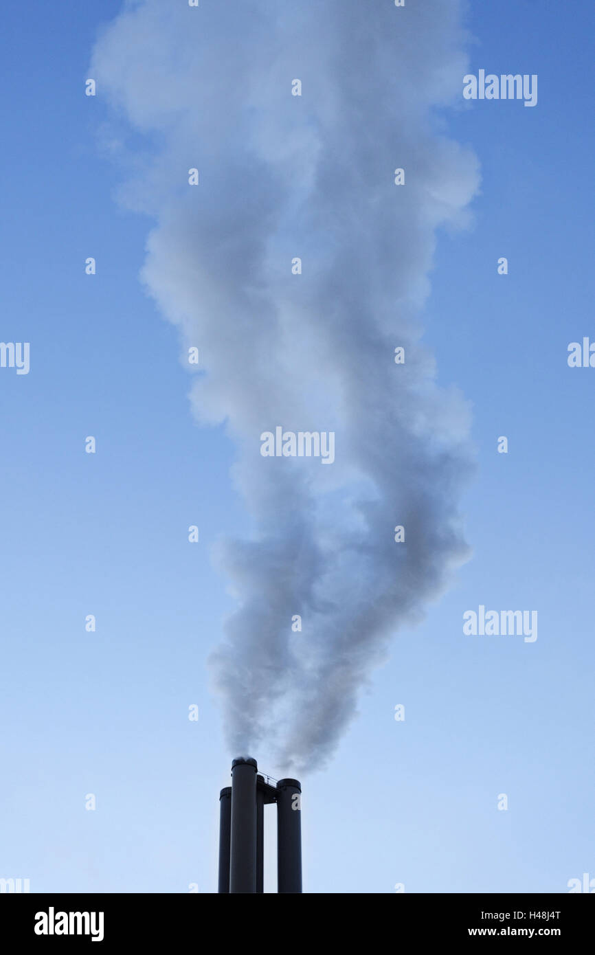 smoking chimney before blue heaven, Hanseatic town Hamburg, Germany, Stock Photo