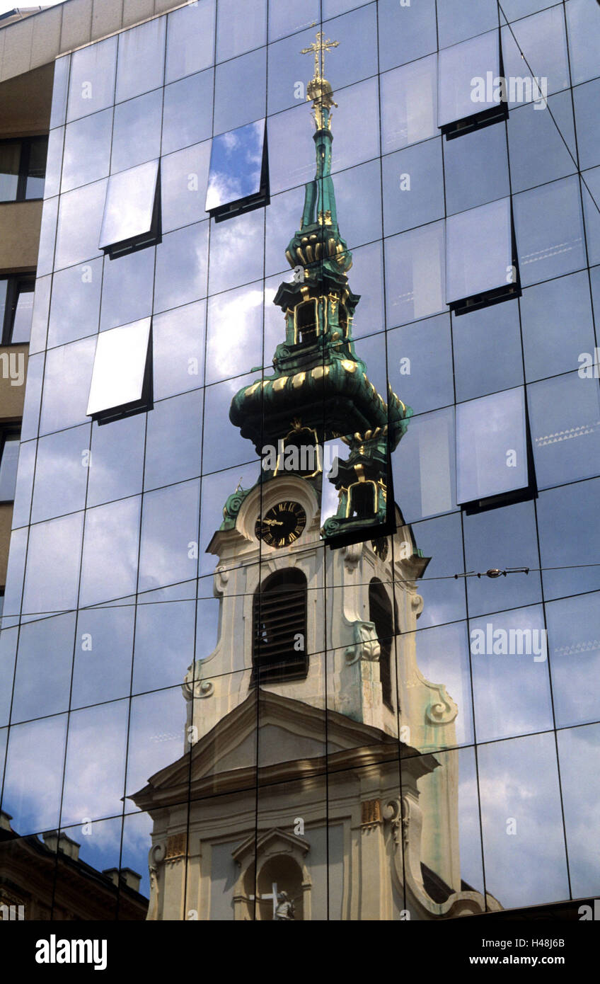 Austria, Vienna, Mariahilferstrasse, mirroring the collegiate church, Stock Photo