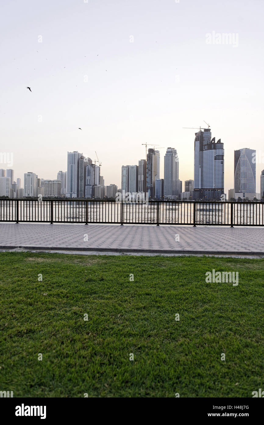 Skyline, Golden Mile, Corniche Street, modern office buildings, architecture, emirate Sharjah, United Arab Emirates, Arabian peninsula, the Middle East, Asia, Stock Photo