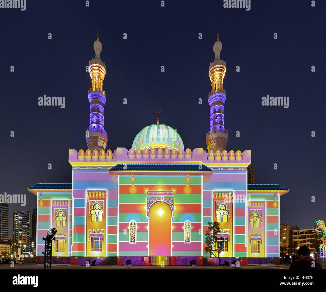 Al Majaz mosque, illuminates, Sharjah Light festival, Al Majaz park, Cornische Street, emirate Sharjah, United Arab Emirates, Arabian peninsula, the Middle East, Asia, Stock Photo