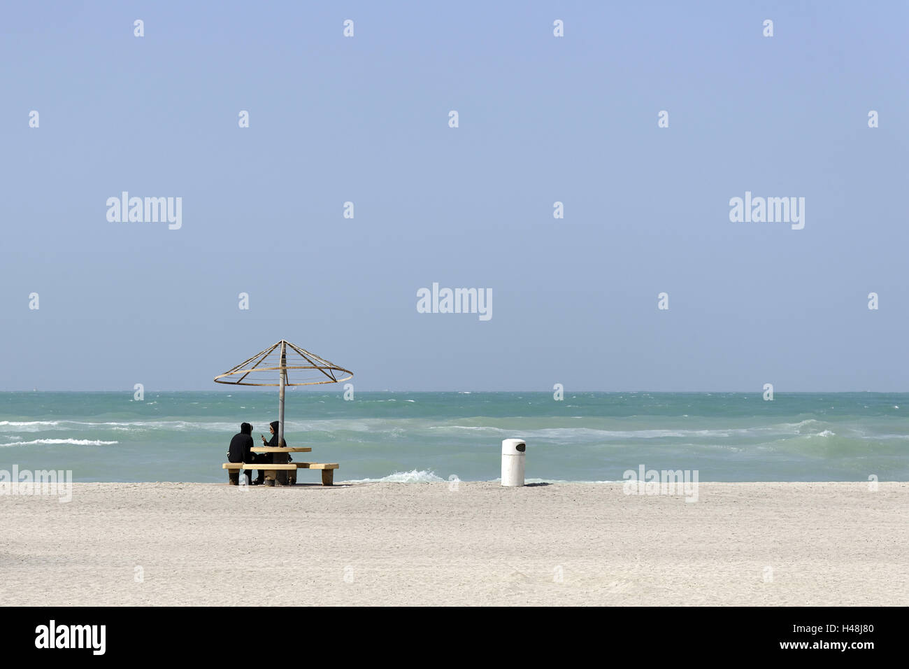 2 women talk, beach, Al Muntazah, the Persian Gulf, Corniche Road, emirate Sharjah, United Arab Emirates, Arabian peninsula, the Middle East, Asia, Stock Photo