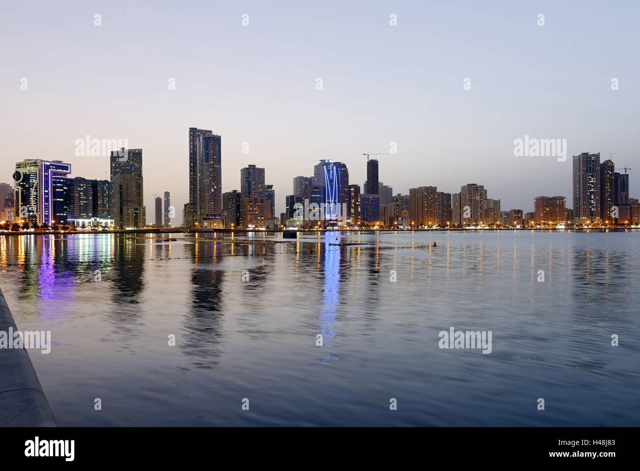 Skyline with dusk, Golden Mile, Corniche Street, modern office buildings, architecture, emirate Sharjah, United Arab Emirates, Arabian peninsula, the Middle East, Asia, Stock Photo