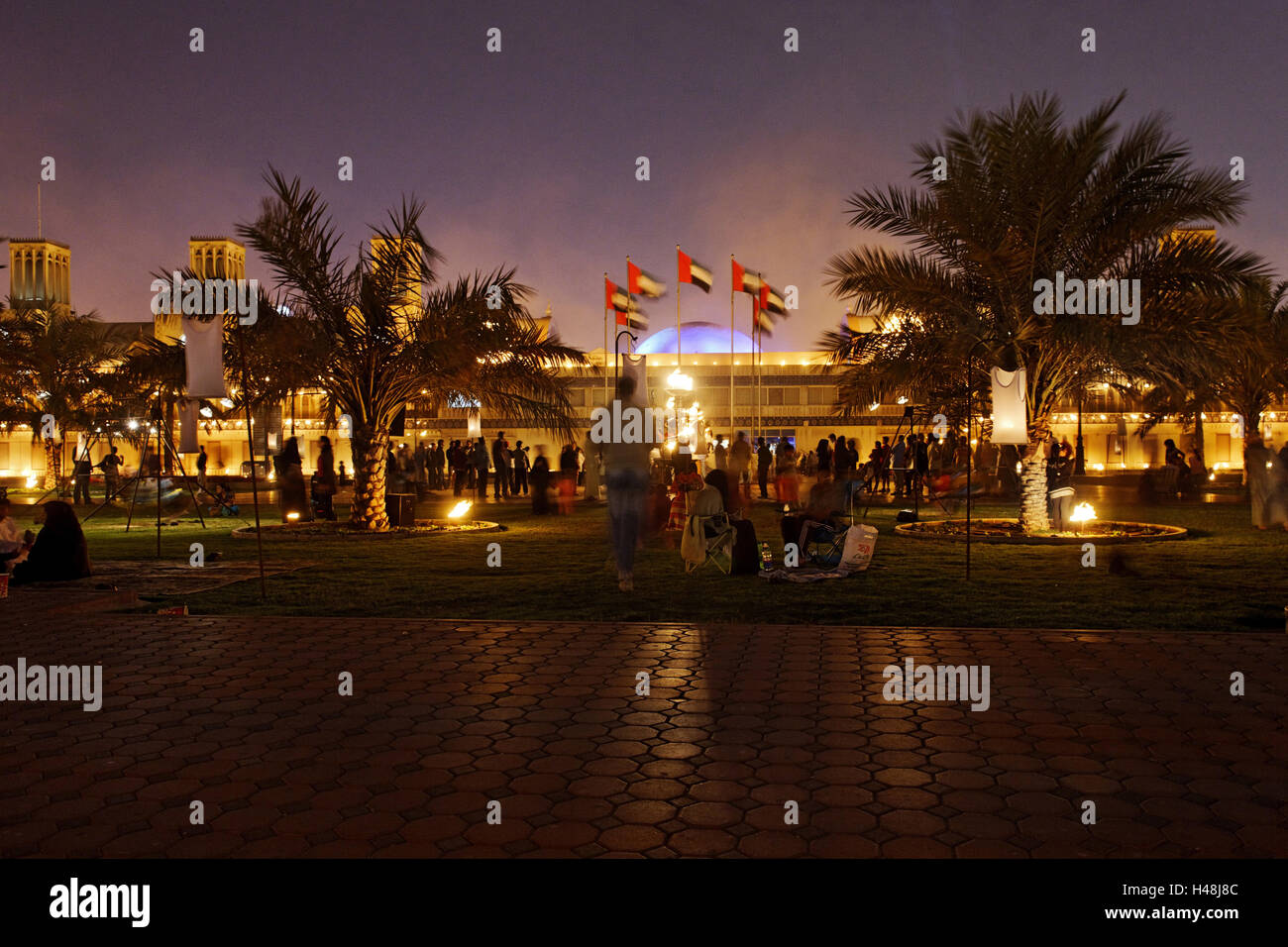 Fire performance, Light festival, evening, Old Souk, blue Souk, traditional shopping centre, emirate Sharjah, United Arab Emirates, Arabian peninsula, the Middle East, Asia, Stock Photo