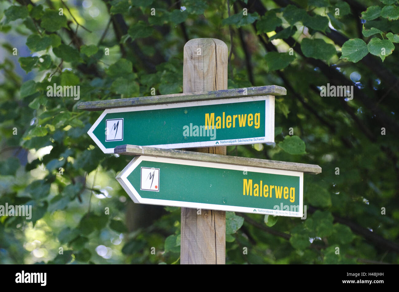 Signpost 'painter's way', Elbsandsteingebirge, Saxon Switzerland, Saxony, Germany, Stock Photo