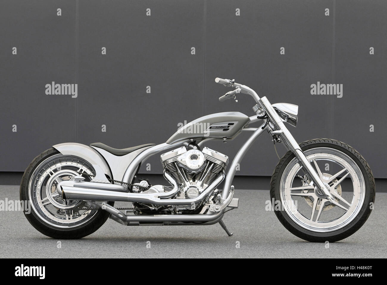 Motorcycle, chopper AMG, right side, silver, design motorcycle, Stock Photo