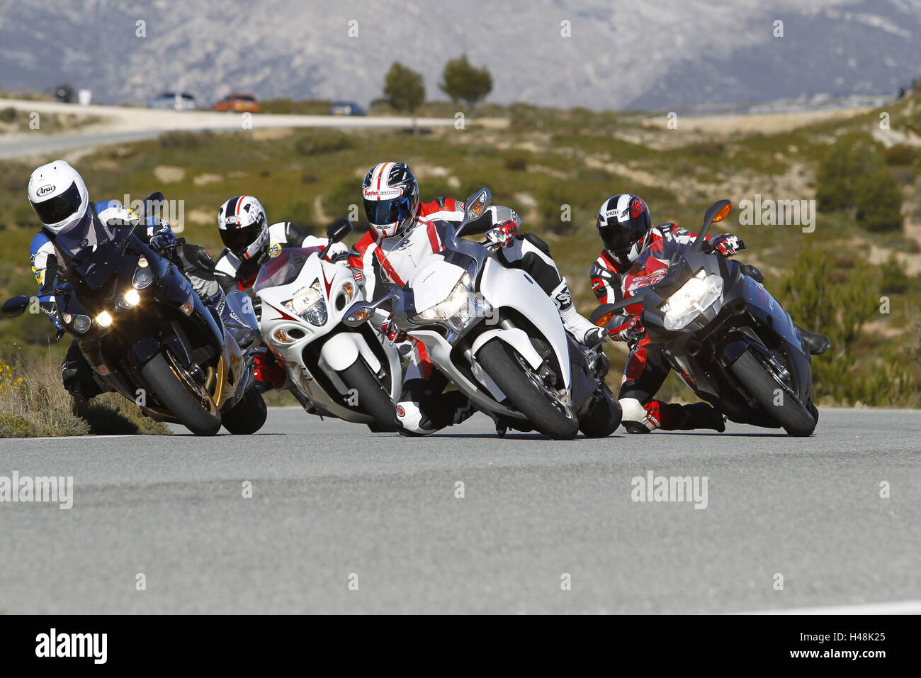 four motorcyclists, bends, the South France, Sporttourer, moving, Stock Photo