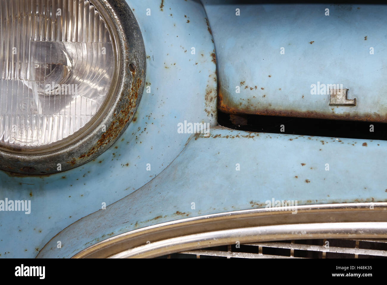 Car, detail, headlight, Lloyd Oldtimer, light blue, rust, medium close-up, Stock Photo