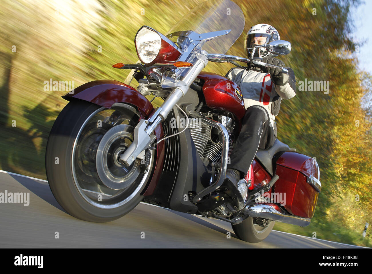 Motorcyclist, motorcycle, country road, panning, below shot, travel motorcycle, Victory, Stock Photo