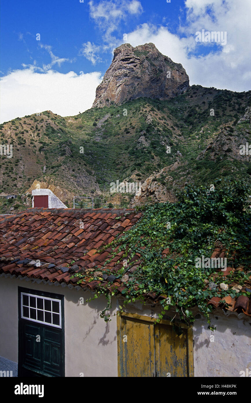 Spain, Canary islands, Vallehermoso, volcano chimney, building, the Canaries, house, old, ivy tendrils, bile summits, summits, idyllic, fertile, rocks, Stock Photo