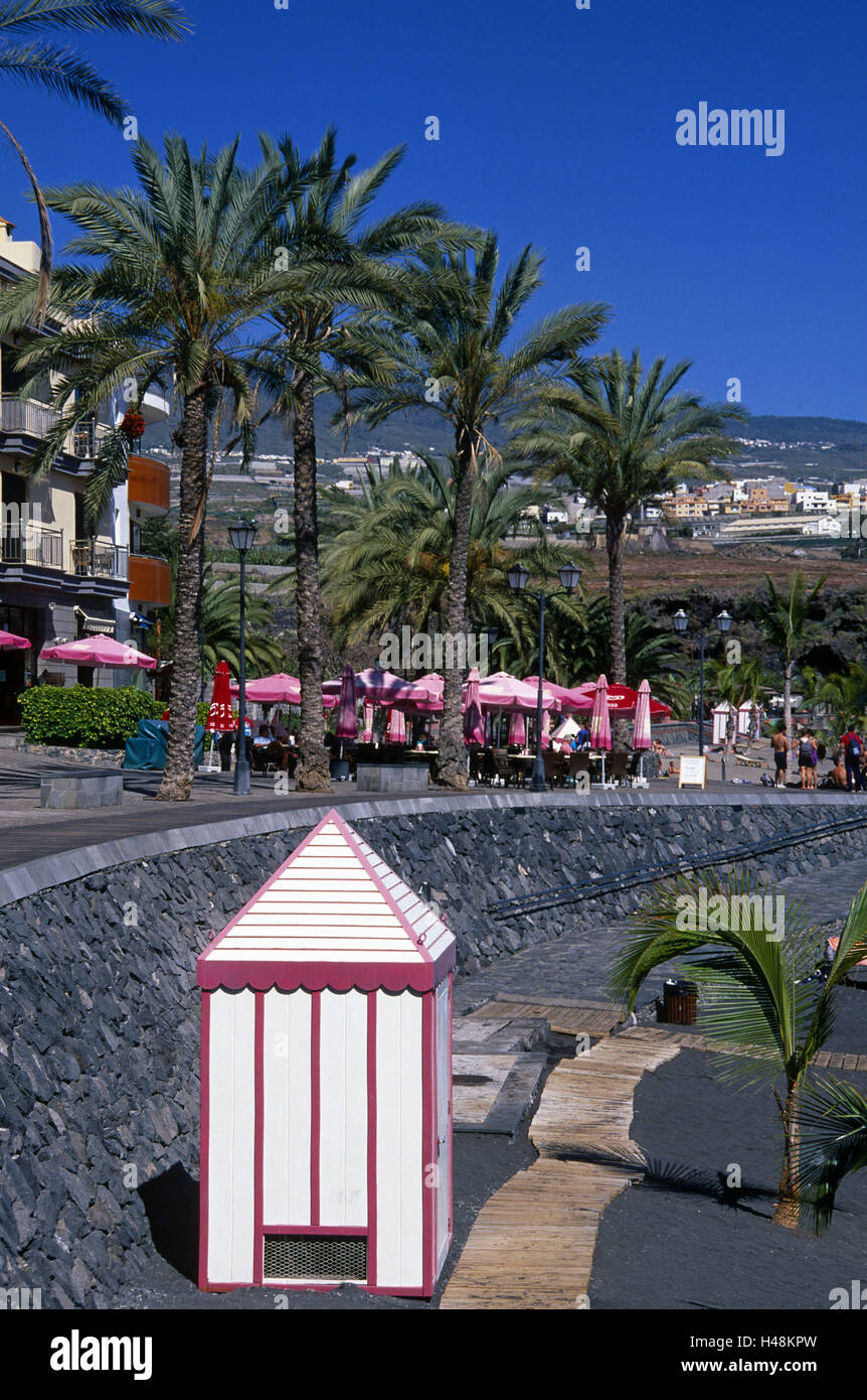 Spain, Canary islands, Playa de San Juan, seafront, beach, promenade, island, Tenerife, palms, the Canaries, lava beach, Umkleidehäuschen, sunshades, pink, cafe, fishing place, bathing, the suns, heavens, blue, sunshine, Stock Photo