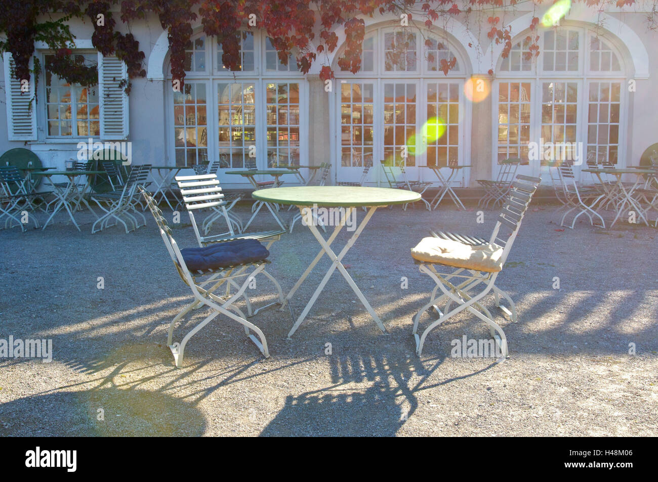 Garden, tables, chairs, sunlight, Stock Photo