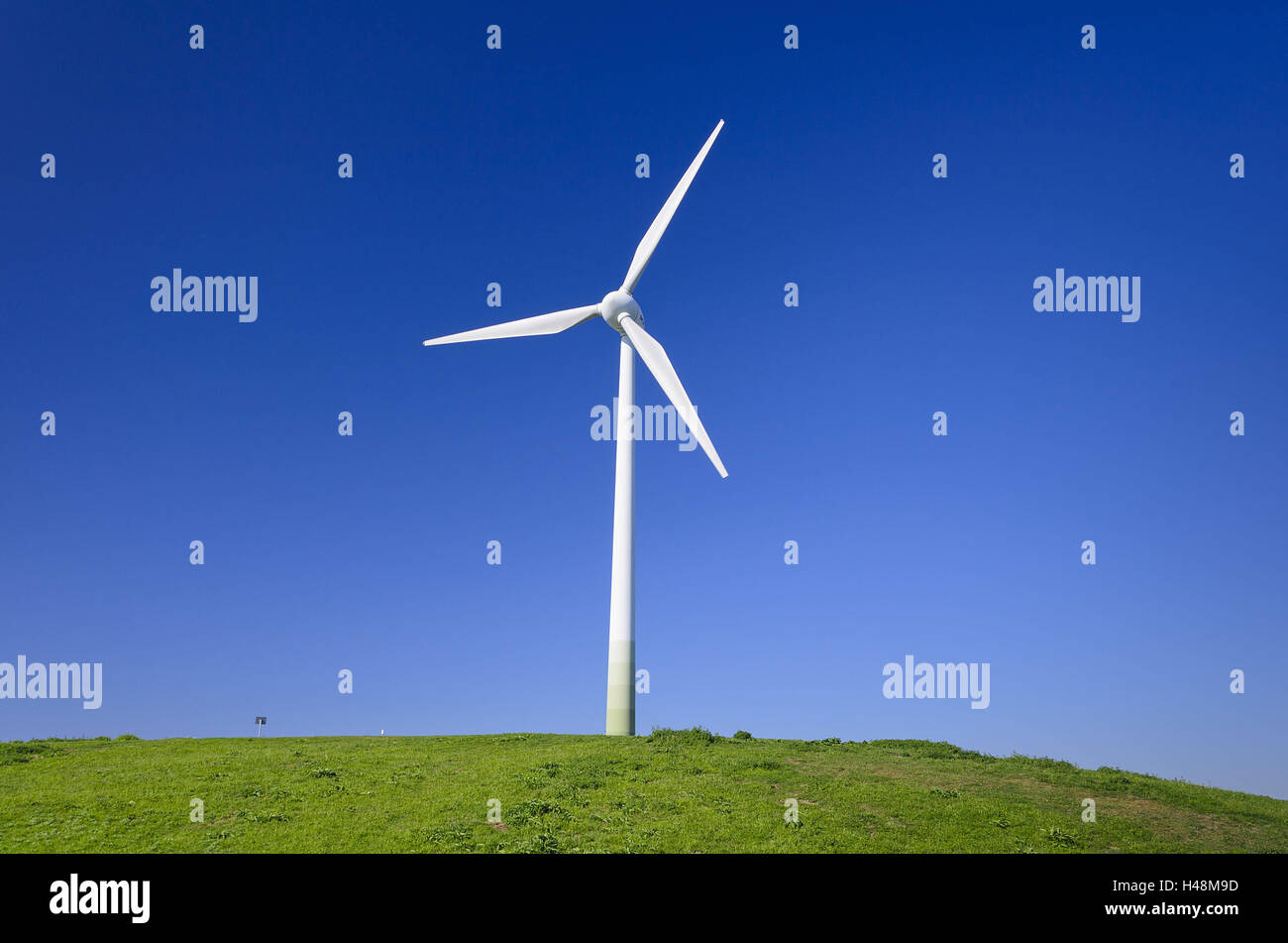 Germany, Bavaria, Upper Bavaria, Munich, Fröttmaning, Wind Turbine, Viewpoint, Summer, Sunshine, electricity, technology, wind energy, wind turbine, cloudless, green power, Stock Photo