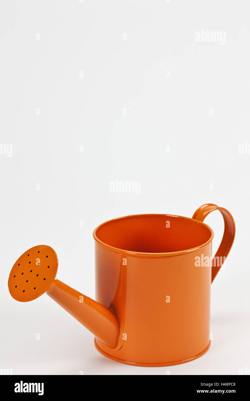 Watering can, orange, metal, Stock Photo