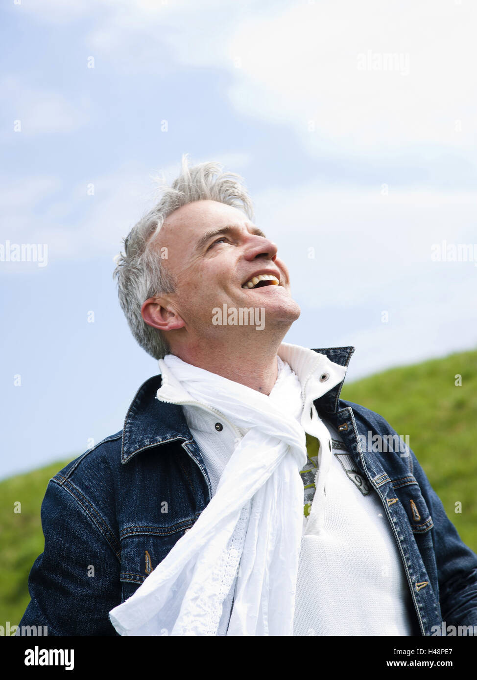 Man, view on top, smile, portrait, curled, Bestager, leisure time, nature, person, denim jacket, scarf, in a good mood, Stock Photo