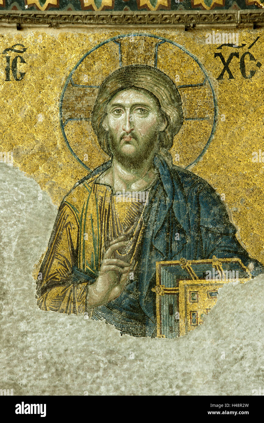 Turkey, Istanbul, Sultanahmet, Hagia Sophia or Sophienkirche is of a former church, later mosque and today of a museum, detail, from the Deesis mosaic, Jesus Christ as of a Pantokrator, Stock Photo