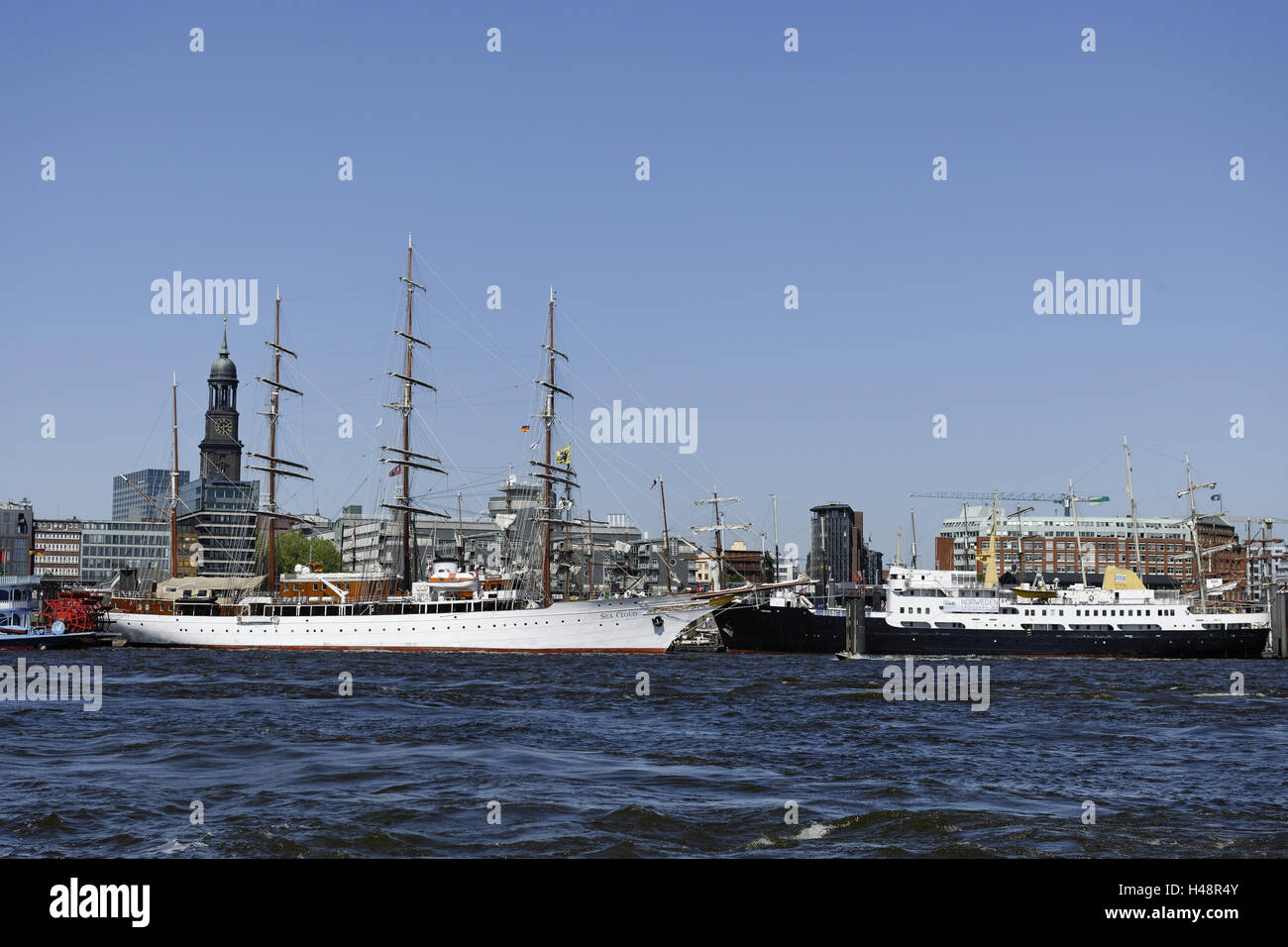 Luxury sailing ship 'Sea Cloud' before Hamburg Michel, harbour birthday, harbour, Hanseatic town Hamburg, Germany, Stock Photo
