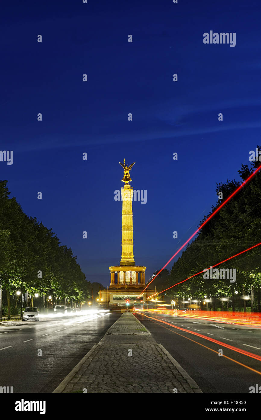 restored victory column in the evening, street of the 17th of June, Berlin - Mitte, Germany, Stock Photo