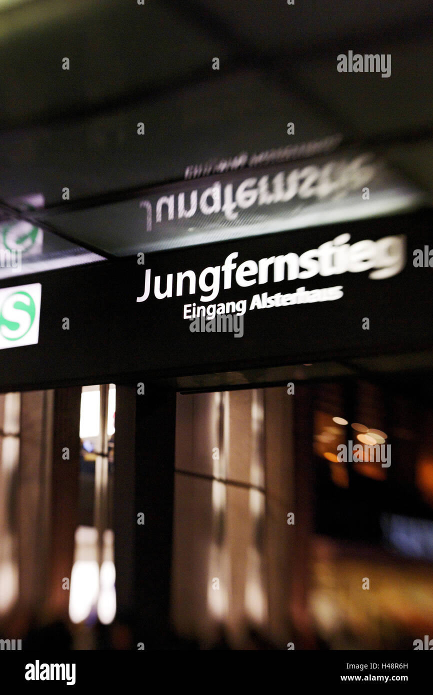 Underground and city railroad stop Jungfernstieg, signpost, selective focus, Hanseatic town Hamburg, Germany, Stock Photo