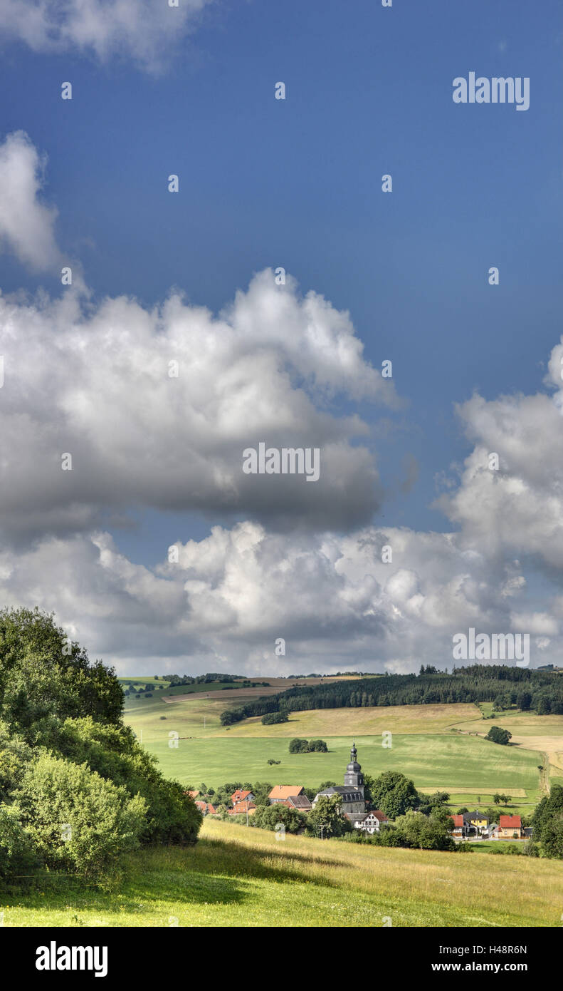 Germany, Thuringia, Thuringian Forest, Allendorf, landscape, village, church, fields, clouds, Stock Photo
