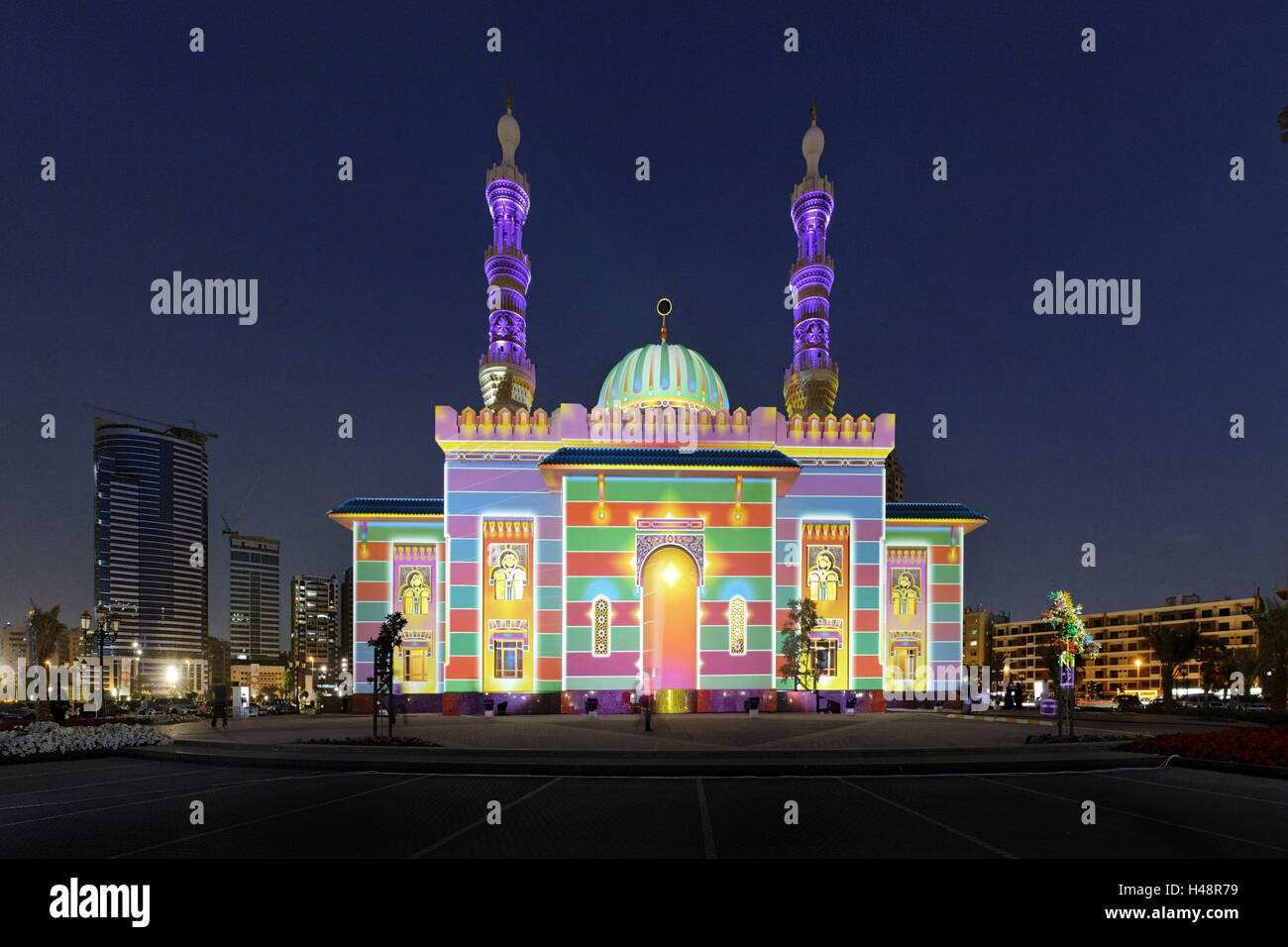 Al Majaz mosque, illuminates, Sharjah Light festival, Al Majaz park, Cornische Street, emirate Sharjah, United Arab Emirates, Arabian peninsula, the Middle East, Asia, Stock Photo