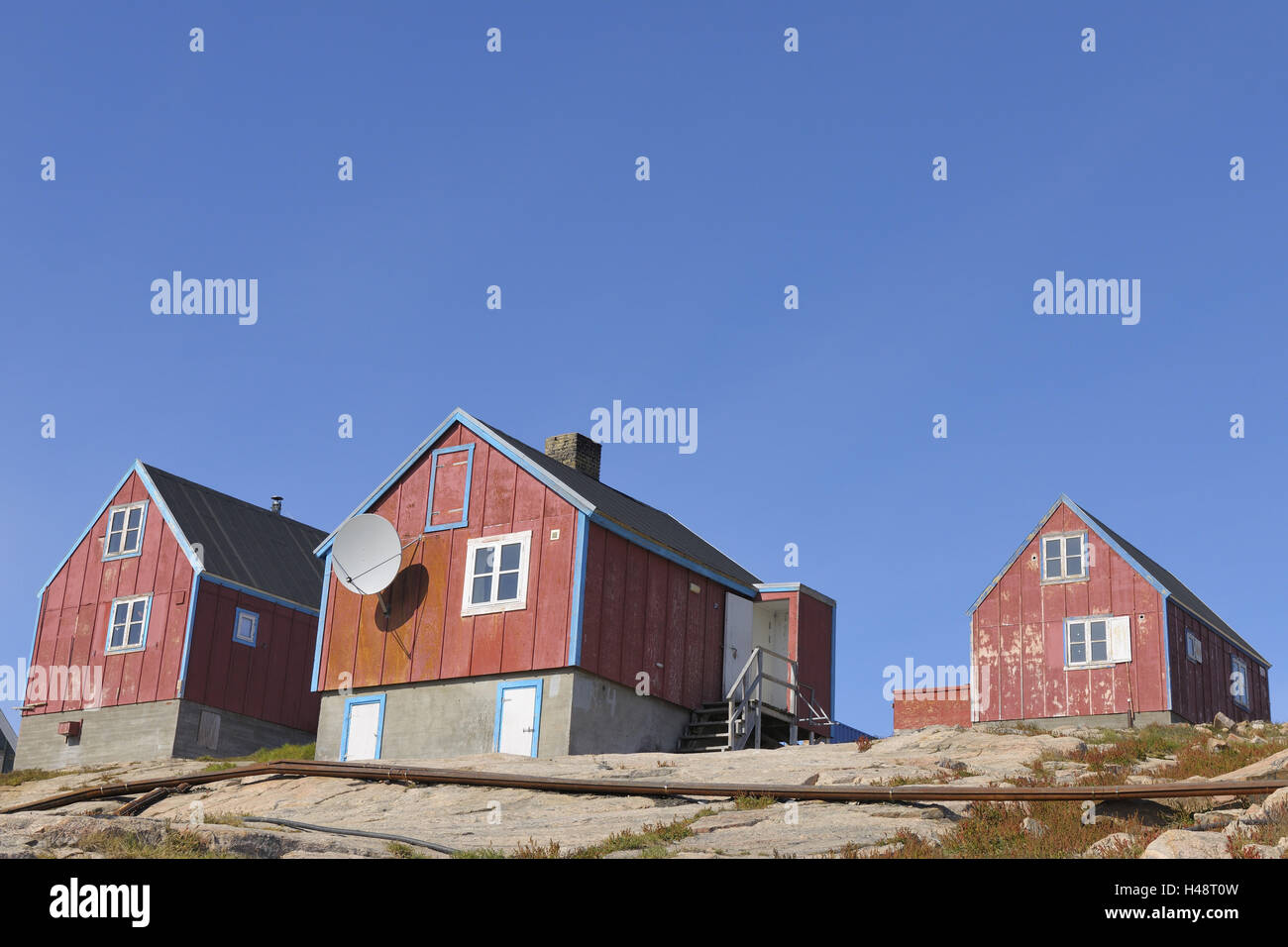 Timber houses, Ittoqqortoormiit, Scoresbysund, Sermersooq, Greenland, Stock Photo